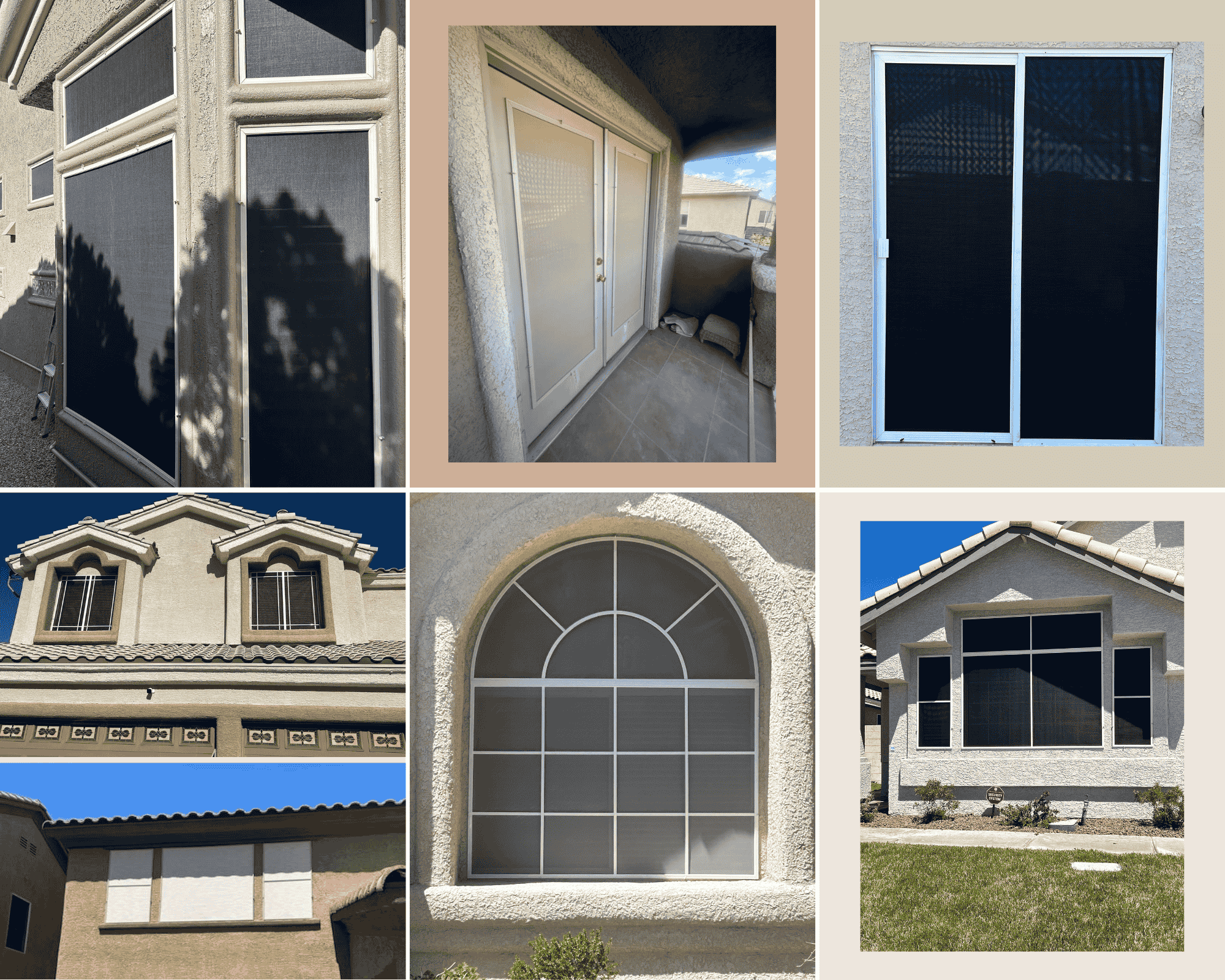 Example of Solar Screens We've Built For Customers in Las Vegas This image shows examples of the different color options you can get for solar screens in Las Vegas. All the colors are HOA compliant.